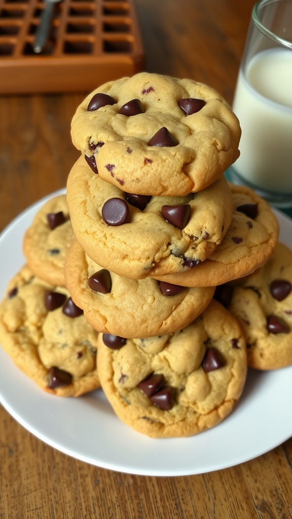 A stack of warm chocolate chip cookies on a wooden plate next to a glass of milk, ideal for a sweet treat.